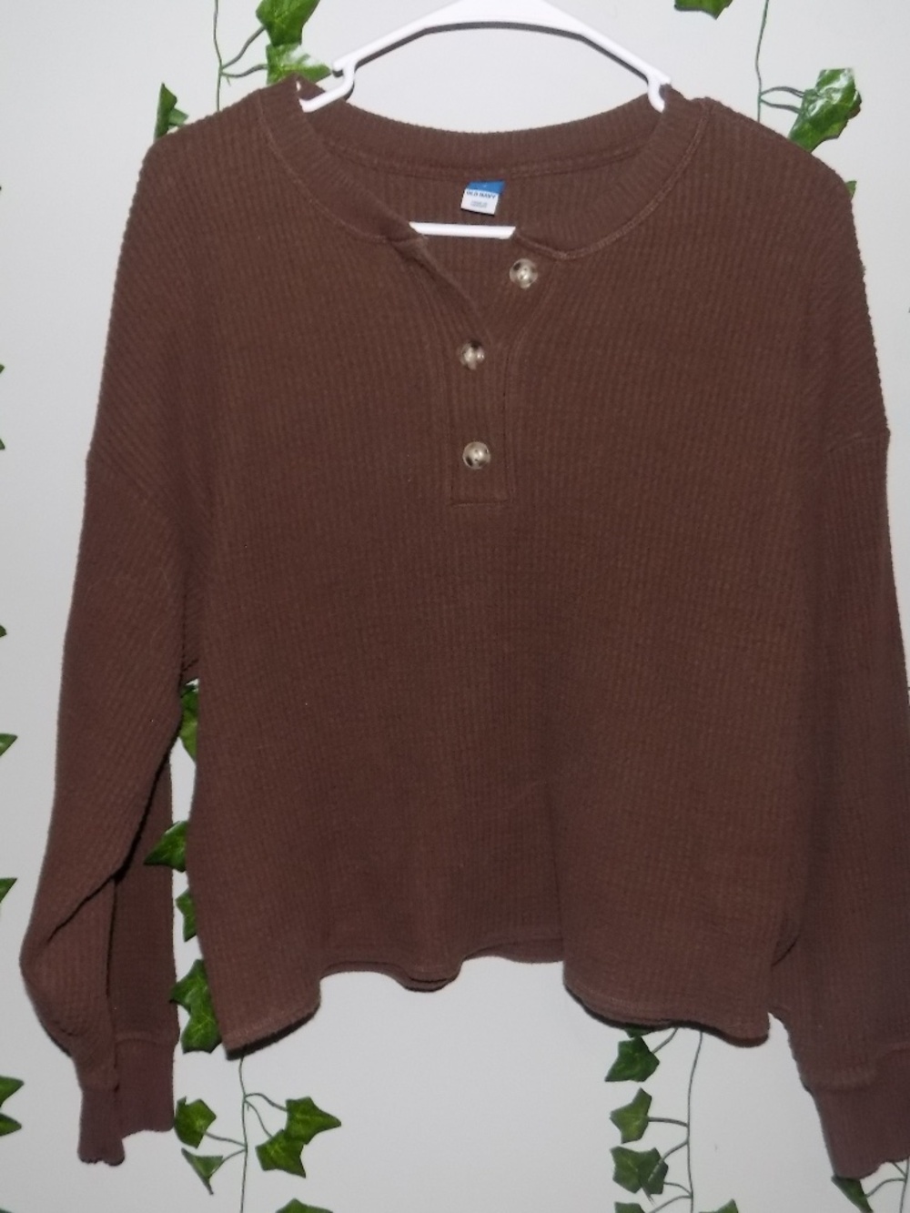 Old Navy Oversized Cozy Waffle Henley Top Tannin Brown